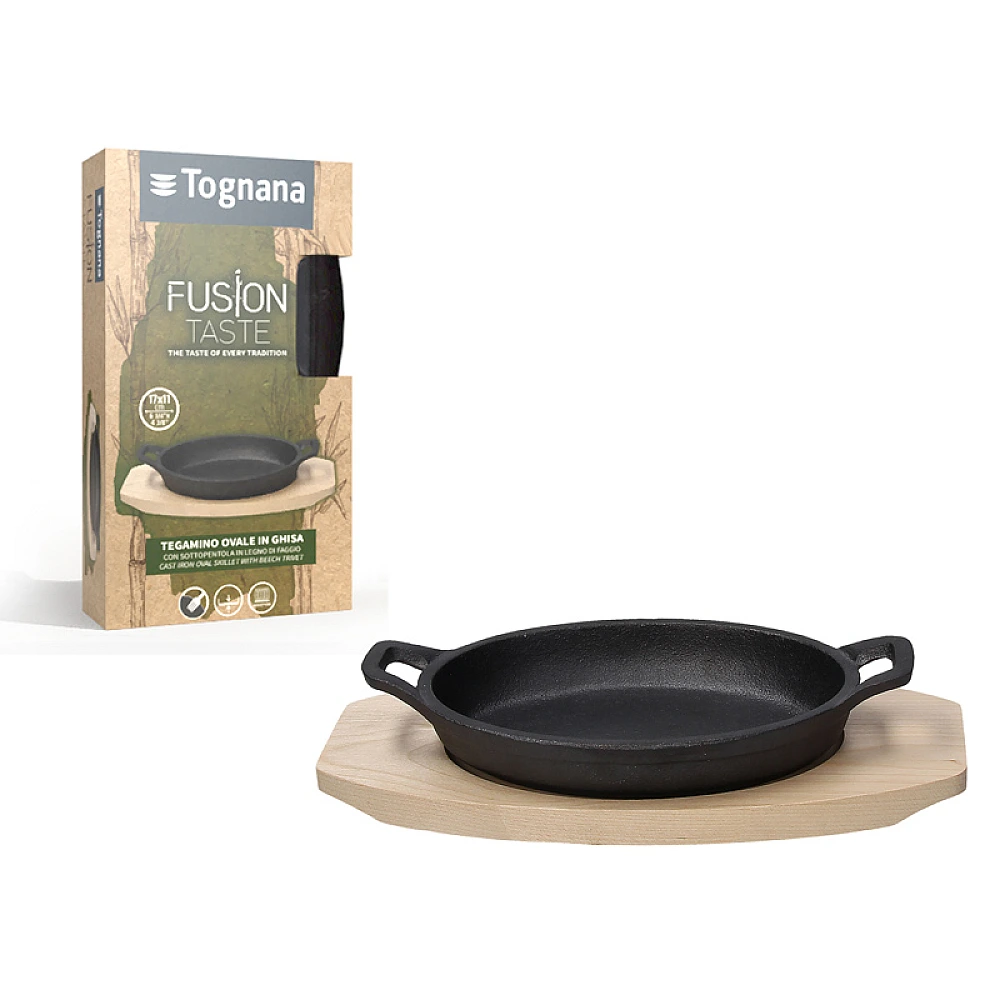 Tigaie din fonta 17X11 cm Tognana Fusion Taste pe suport de lemn