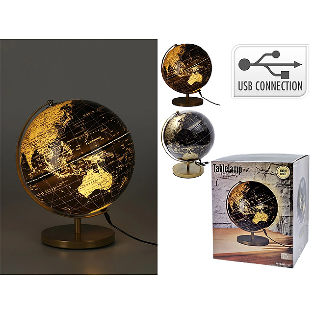Glob pamantesc cu iluminare D26cm, H31cm, cu port USB, negru