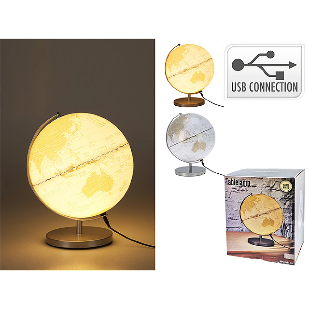 Glob pamantesc cu iluminare D26cm, H31cm, cu port USB, alb