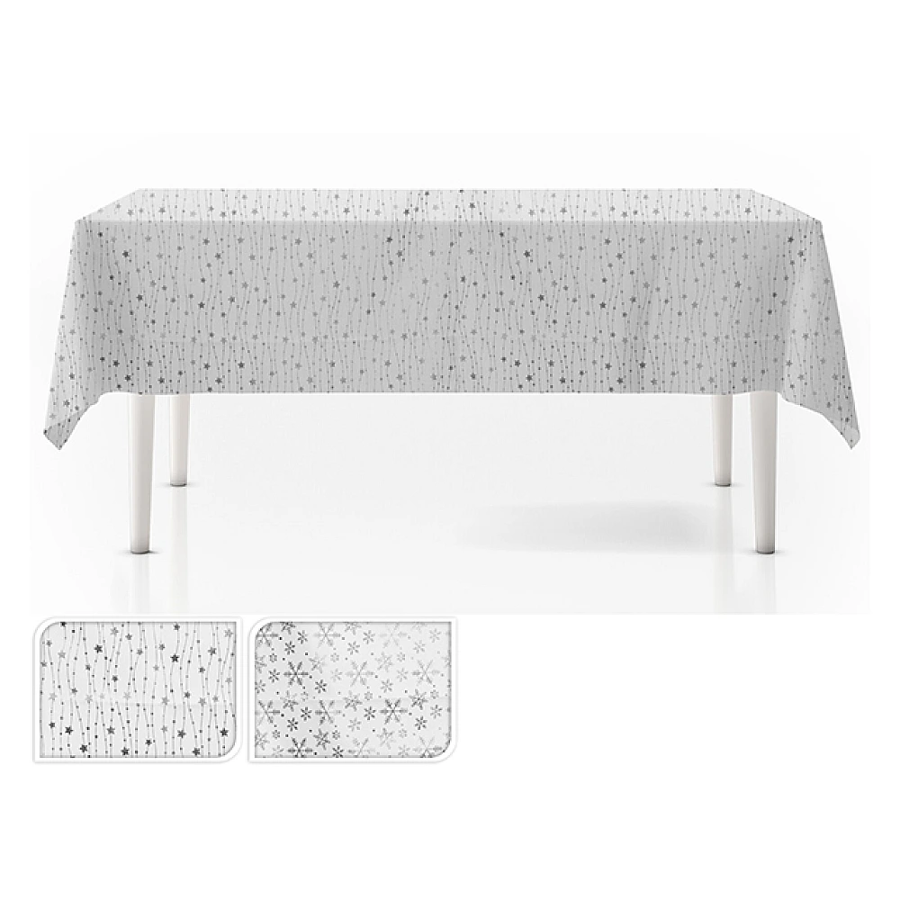 Fata de masa de Craciun 140X180cm alba cu ornament argintiu