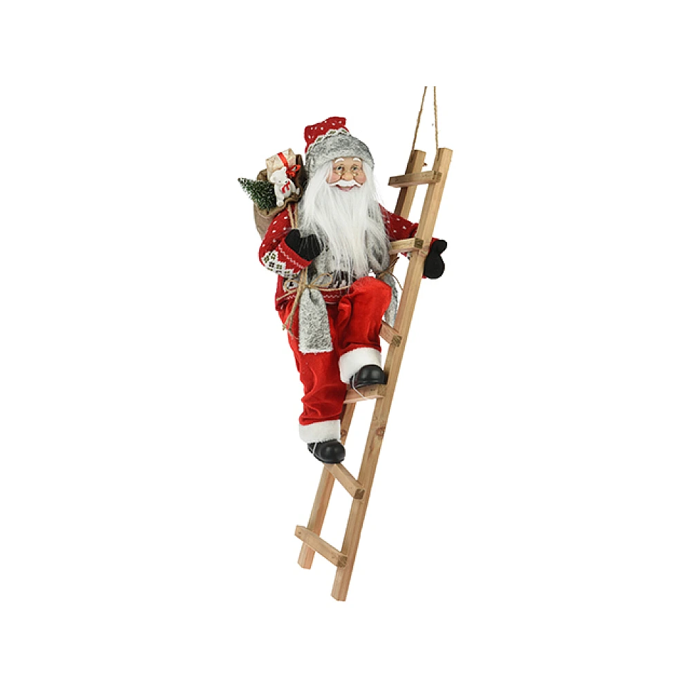 Mos Craciun pe scara cu sac maro 65cm