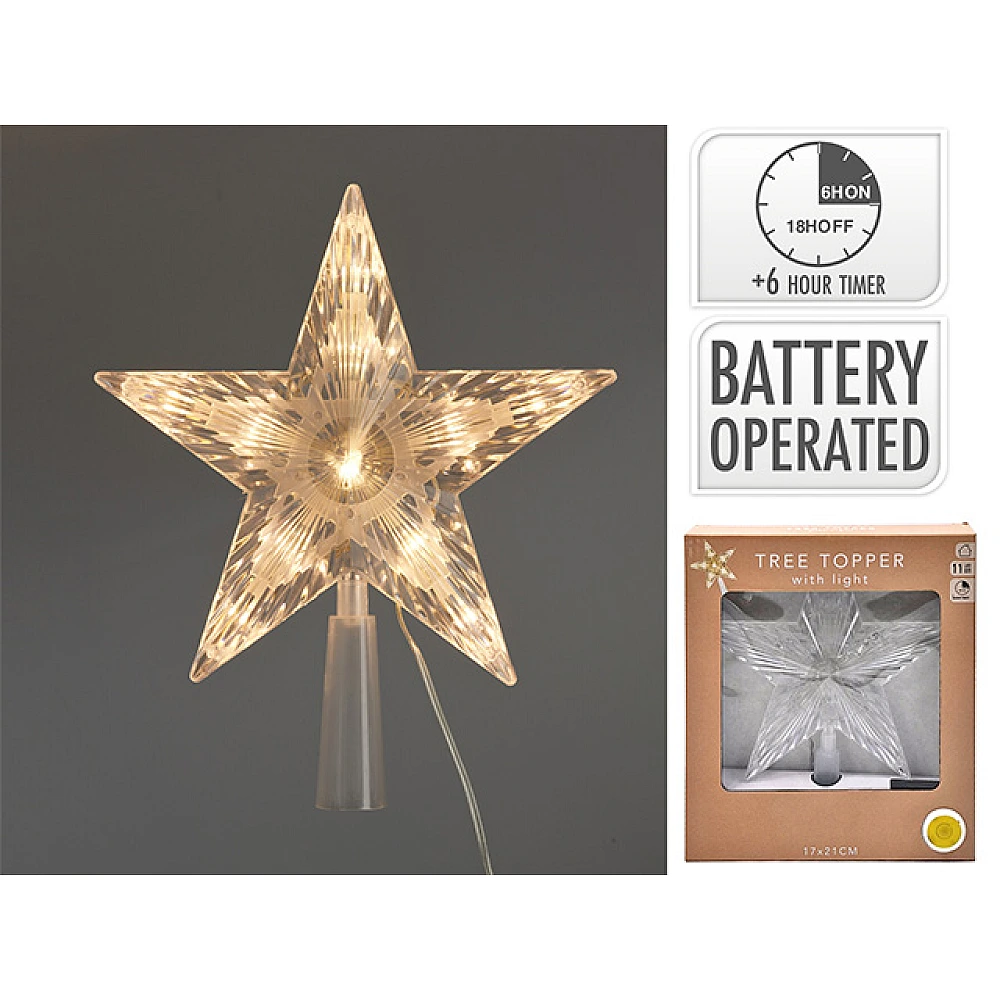 Stea pentru vârf de brad 11LED 17X21cm, timer 2AA, alb cald