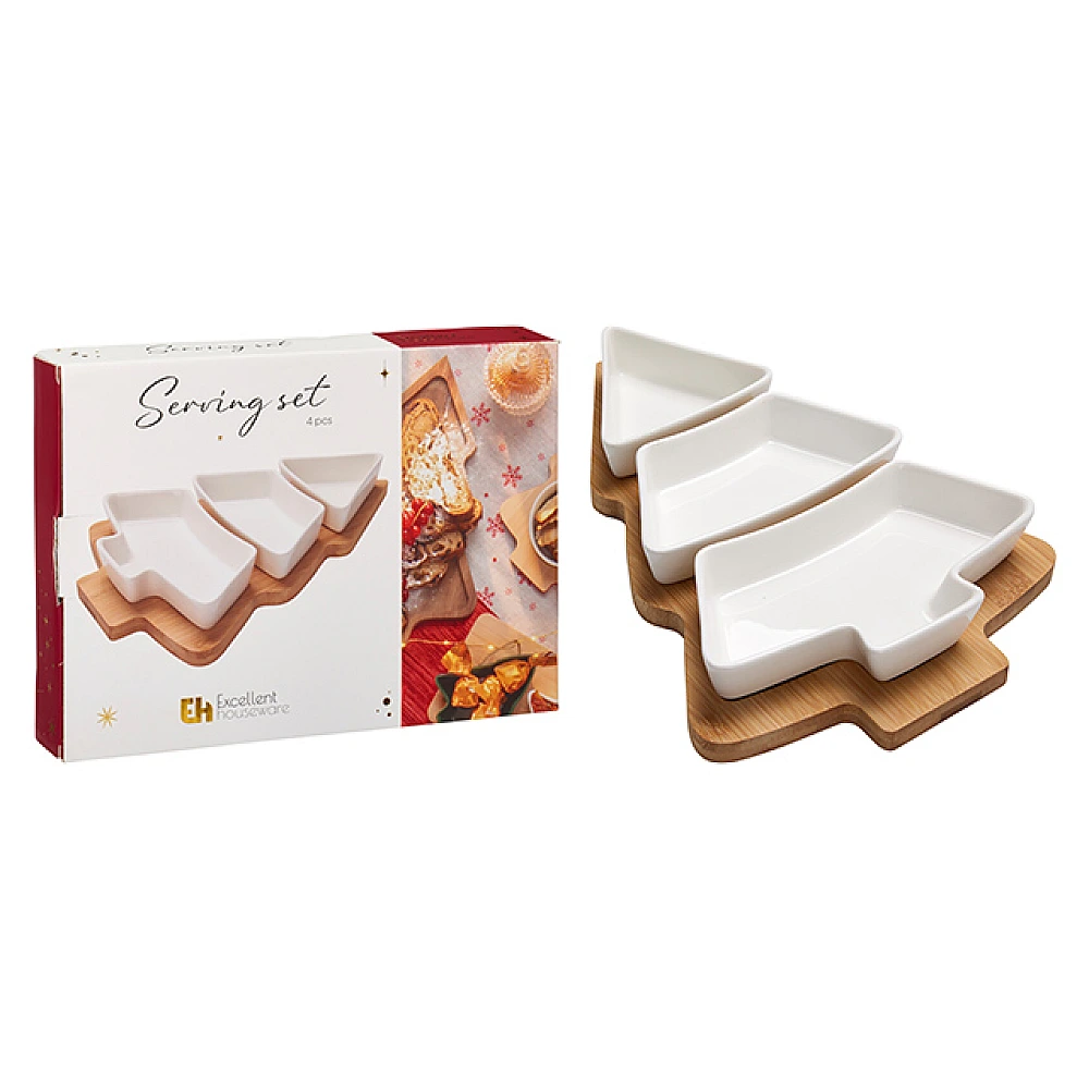 Set pentru aperitiv Christmas: 3 boluri si suport in forma de brad