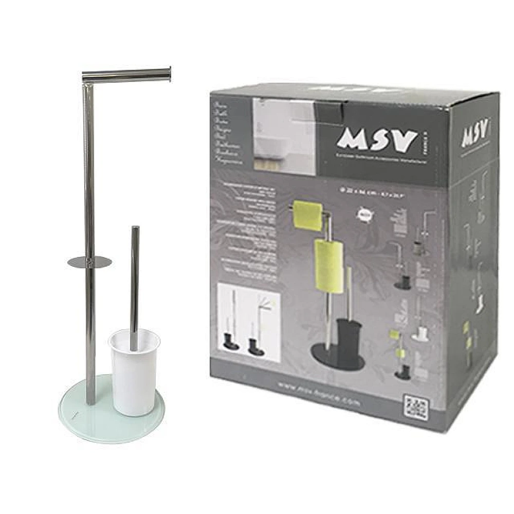 Perie WC cu suport, detașabilă și rezervor pentru hârtie igienică, din inox/sticlă, albă