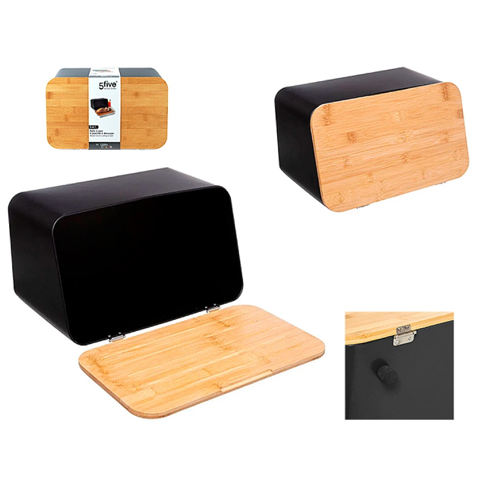 Suport metalic pentru paine Five 37X23X22cm negru, capac din bambus