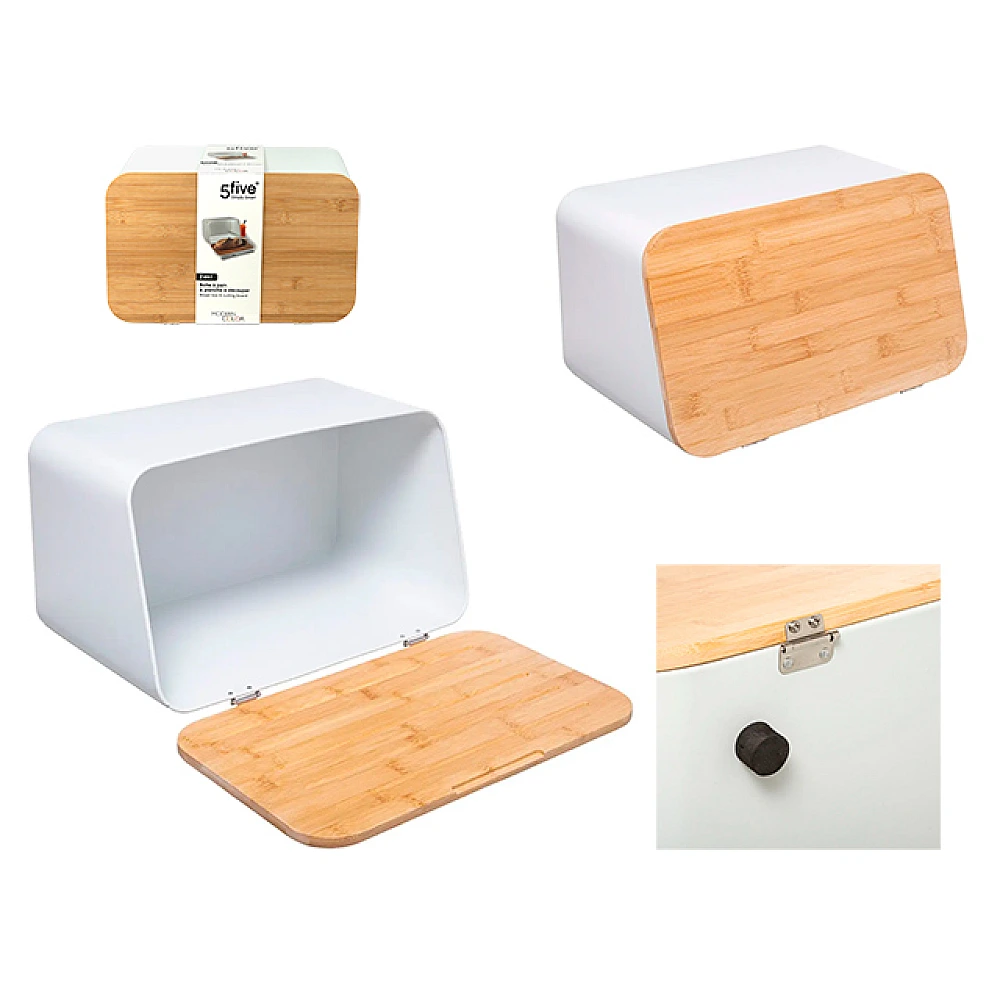 Suport metalic pentru paine Five 37X23X22.5cm alb, capac din bambus