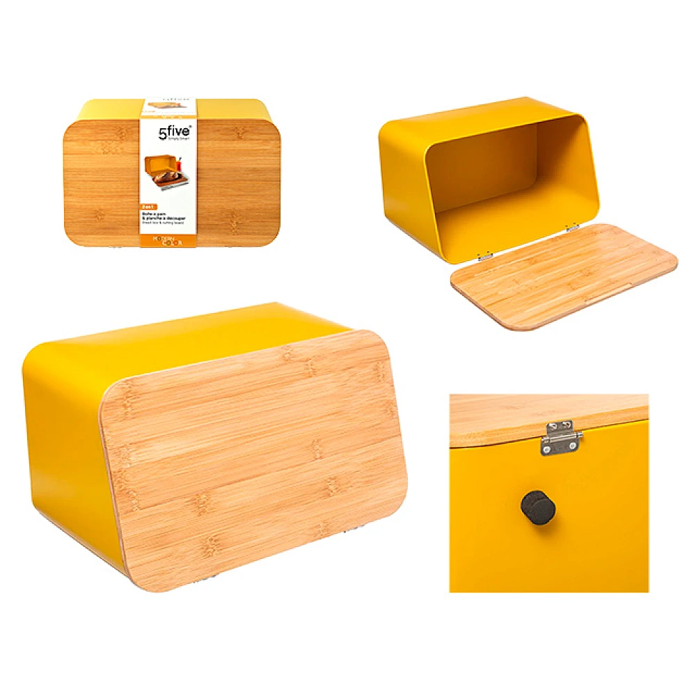 Suport metalic pentru paine Five 37X23X22cm galb, capac din bambus