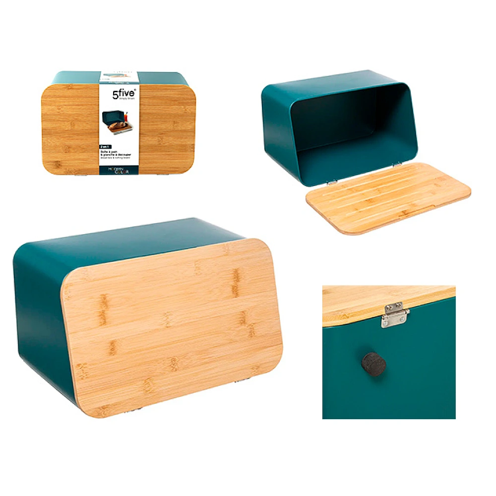 Suport metalic pentru paine Five 37X23X22cm albastru, capac din bambus
