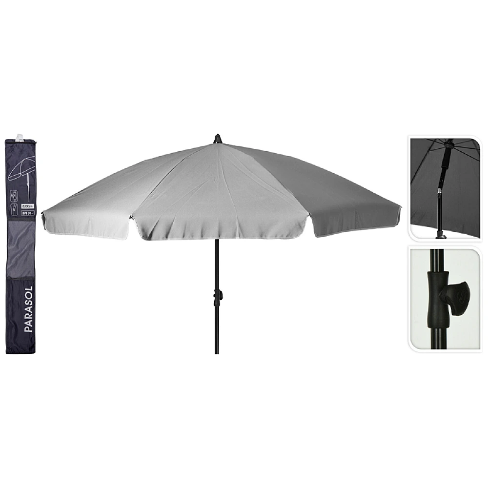 Umbrela de soare D185cm,H235cm cu picior flexibil, 8 spite, gri, UPF 30+, husa