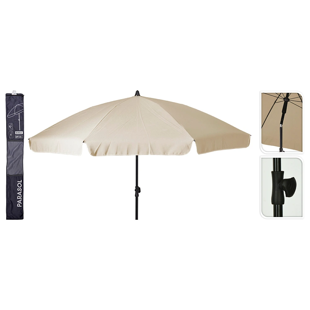 Umbrela de soare D185cm,H235cm cu picior flexibil, 8 spite, crema, UPF 30+, husa