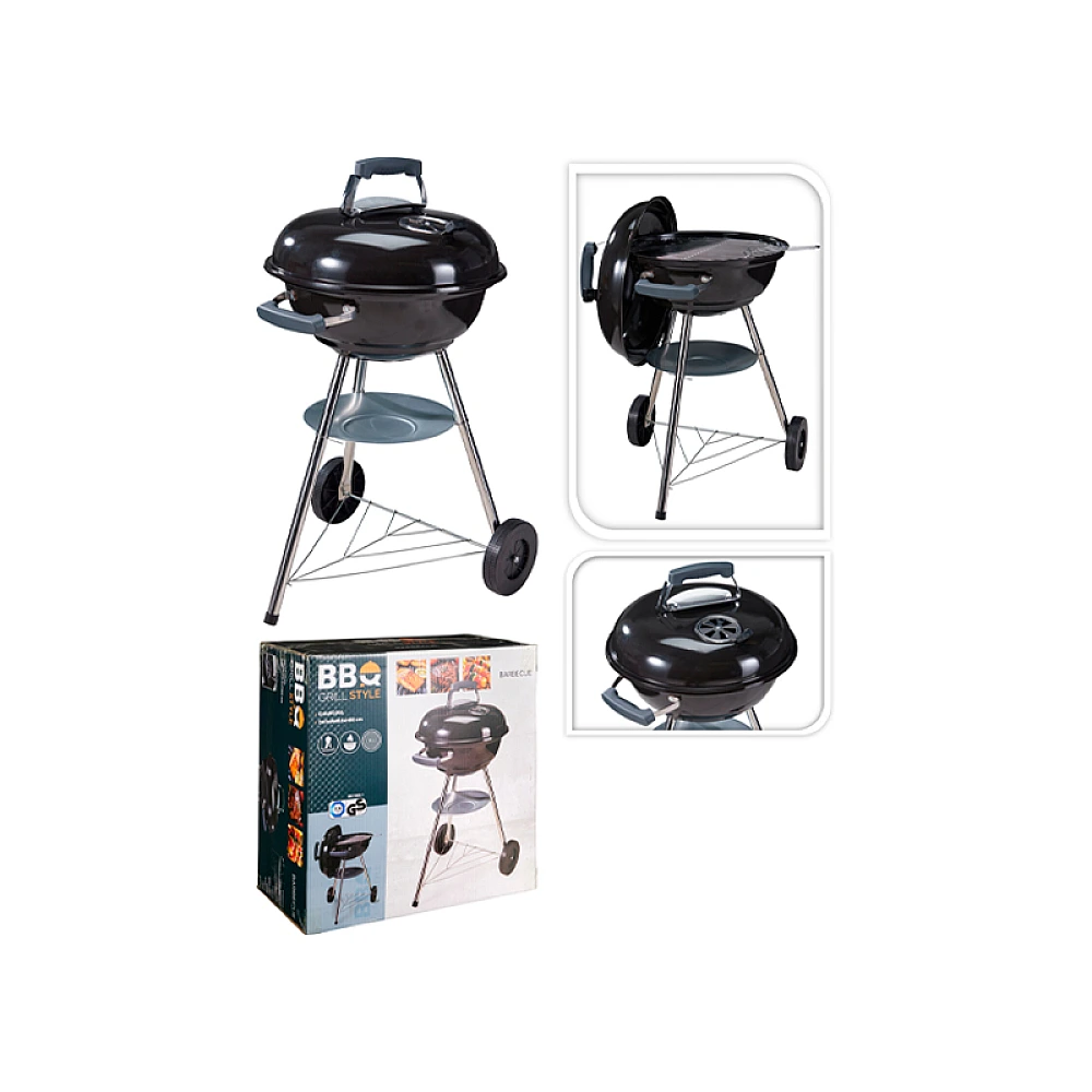Gratar rotund cu picioare BBQ, D47 cm, H83 cm, cu plasa si raft