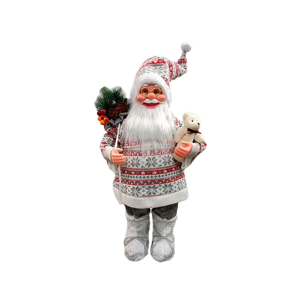 Mos Craciun 60 cm Silver Scandinavian cu cadouri si un ursulet