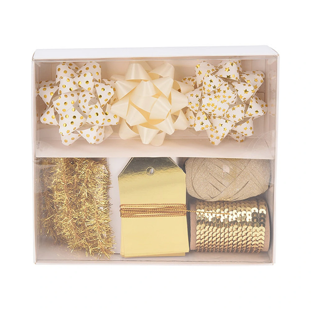 Set decoratiuni pentru cadouri 10 buc, (3 stele, 4 etichete, ghirlanda, 2 panglici), aurii