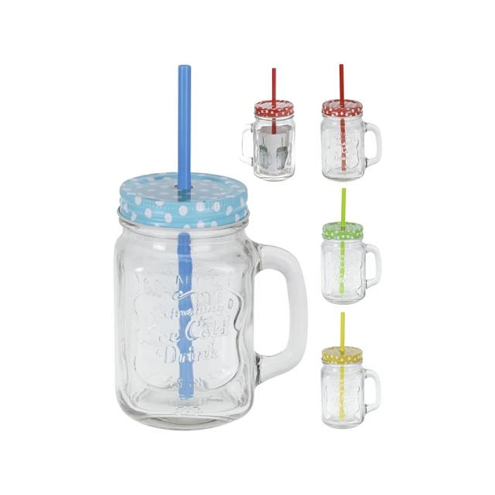 Borcan pentru bauturi 0.45l сu maner si cu pai EH, capac design buline