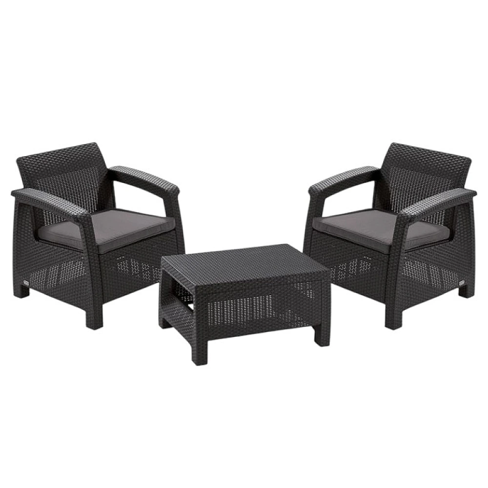 Set mobilier Corfu 5 unitati: masa 77X57X42 cm, 2 fotoli 75X70X79 cm, 2 perne, gri
