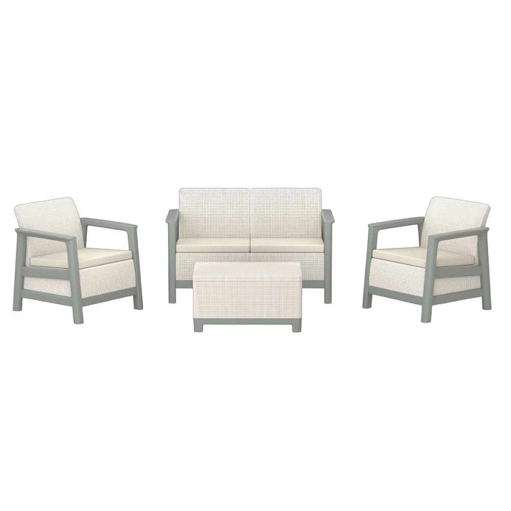 Set mobilier Scandi 8 unitati: masa 52X75X40 cm, 2 fotoli 70X73X77 cm, canapea, bej / verde oliv