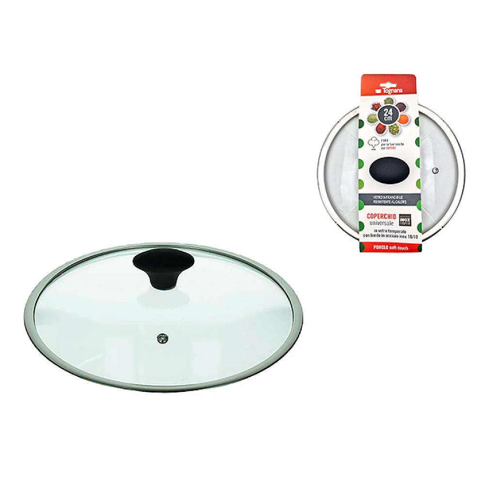 Capac din sticla 24 cm Tognana Grancucina cu orificiu aburi, margine metalica