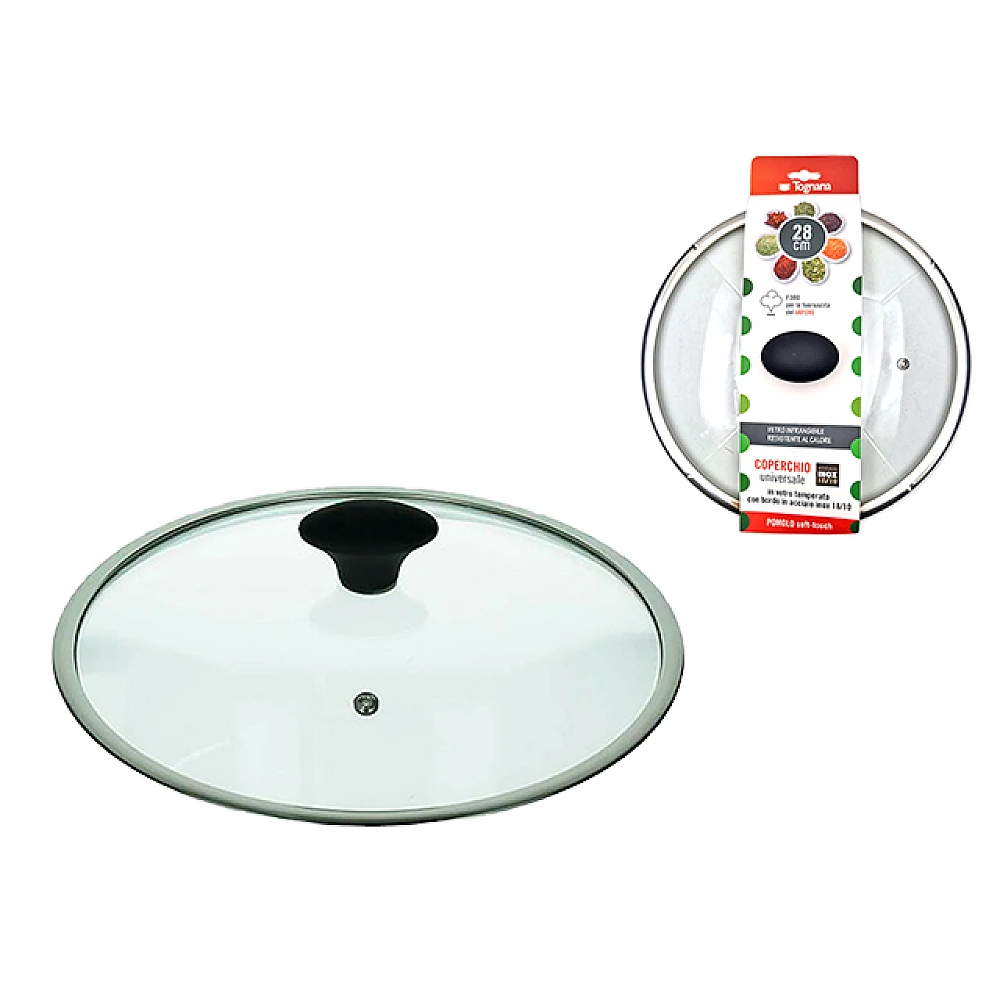 Capac din sticla 28 cm Tognana Grancucina cu orificiu pentru aburi, margine metalica