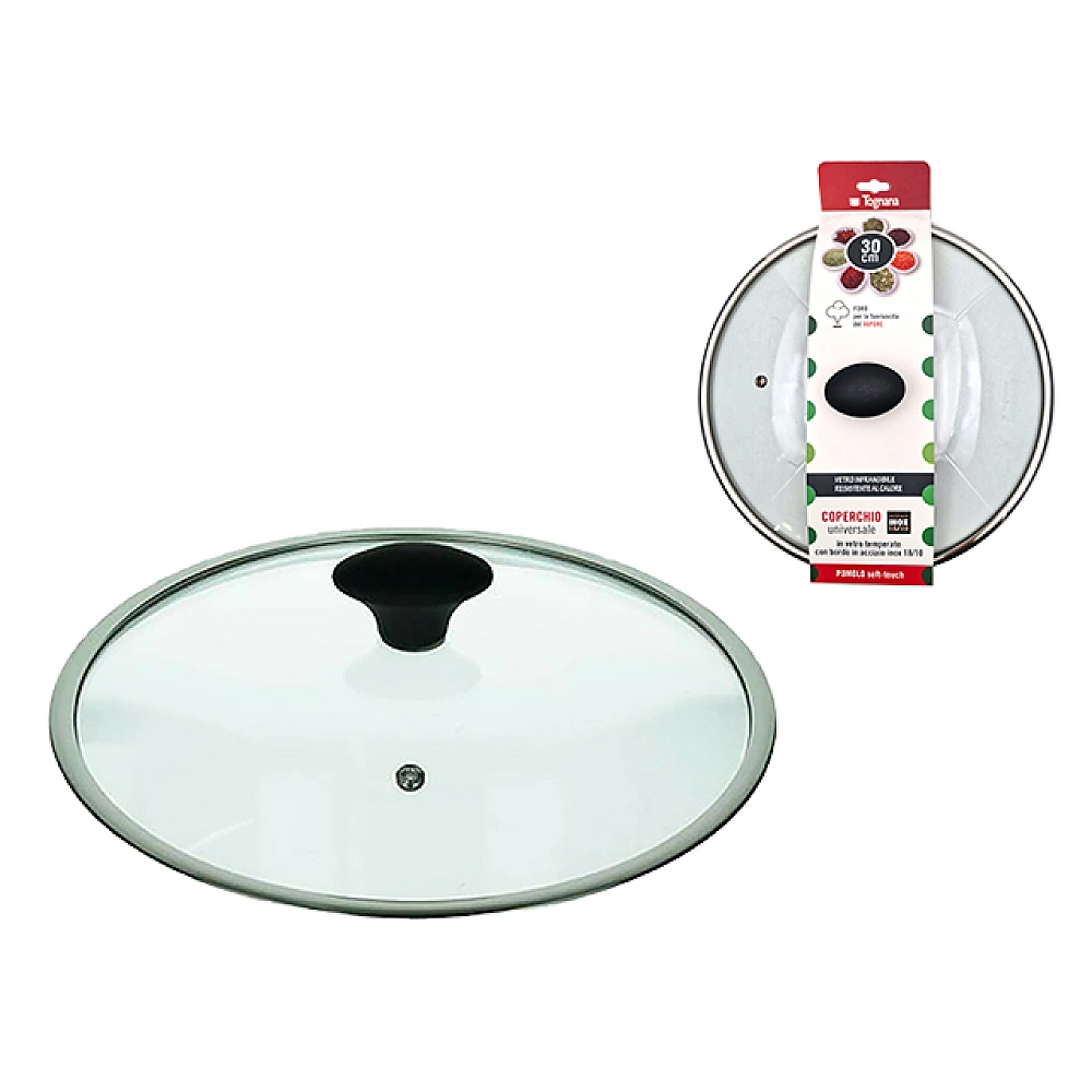 Capac din sticla 30 cm Tognana Grancucina cu orificiu pentru aburi, margine metalica