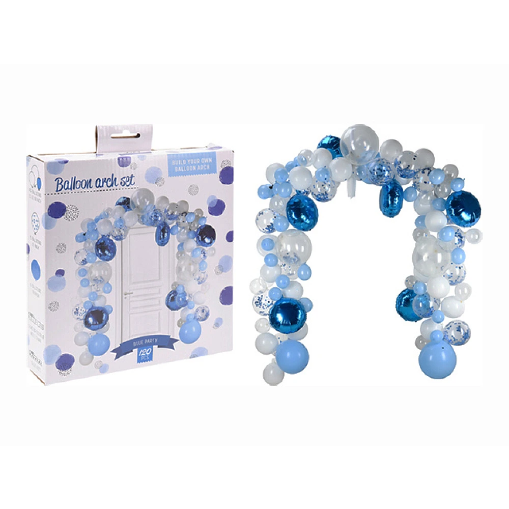 Suport arc din 120 baloane (transparente, albe, albastru) de diferite dimensiuni