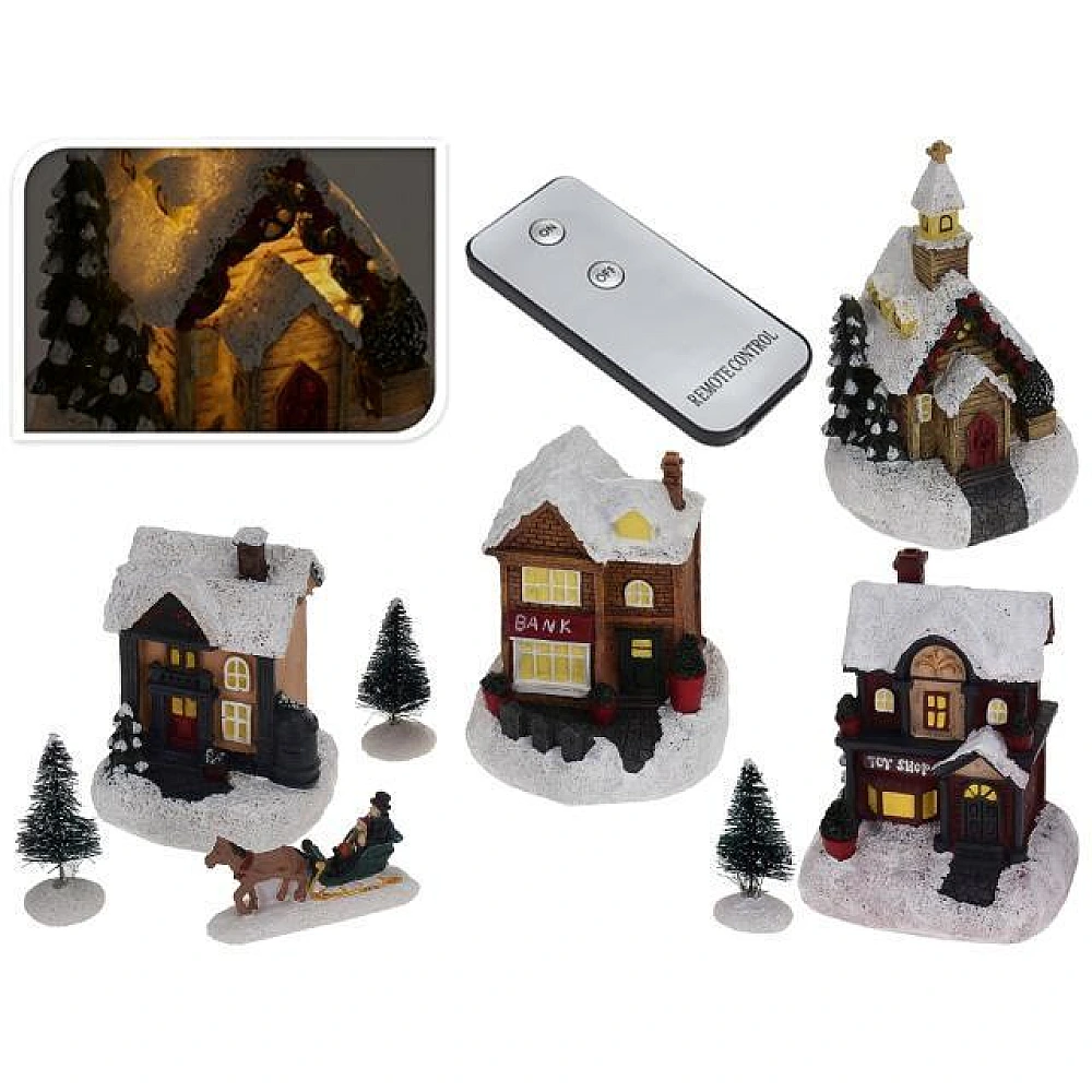Suvenir de craciun LED: 4casute, 2copaci, 1figurina, cu telecomanda