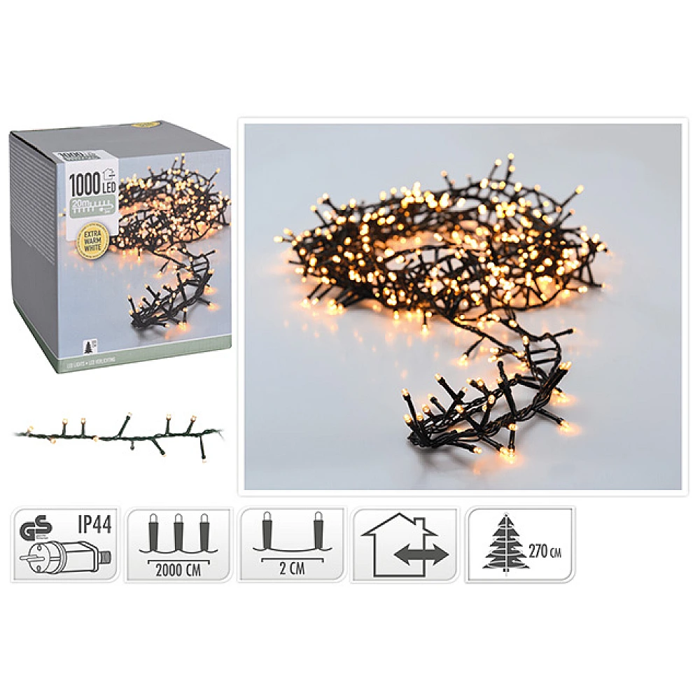 Luminite de Craciun liniare 1000LED extra alb-cald, 20m, cablul verde,  in/out