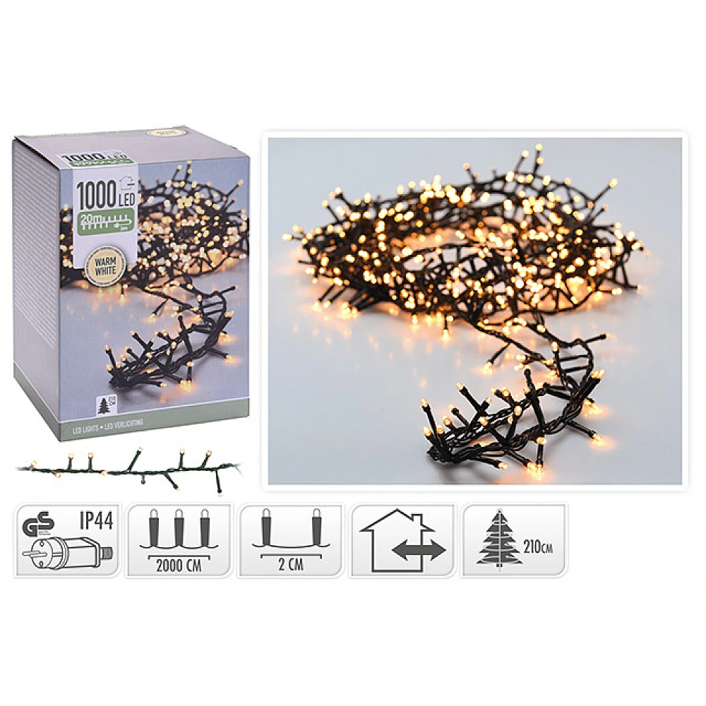 Luminite de Craciun liniare 1000LED alb-cald, 20m, cablul verde, in/out