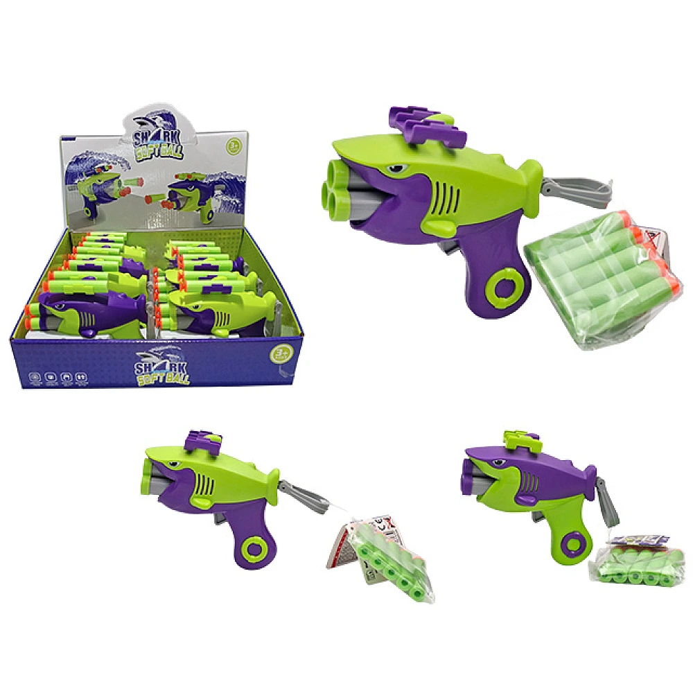 Pistol in forma de rechin cu proiectile moi 5buc X 6.5 cm, plastic