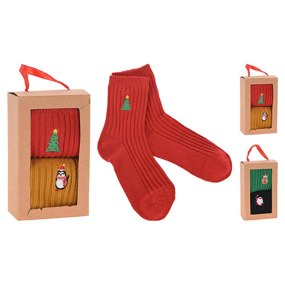 Sosete de Craciun pentru femei 2perechi in cutie cadou, poliester, 2 culori