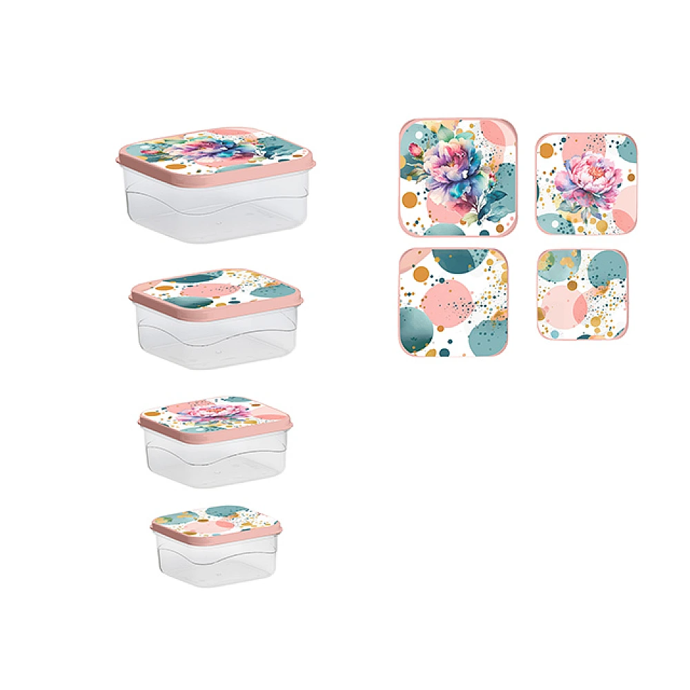 Set caserole alimentare Phibo 4buc, 0.3l, 0.45l, 0.65l, 1l, roz