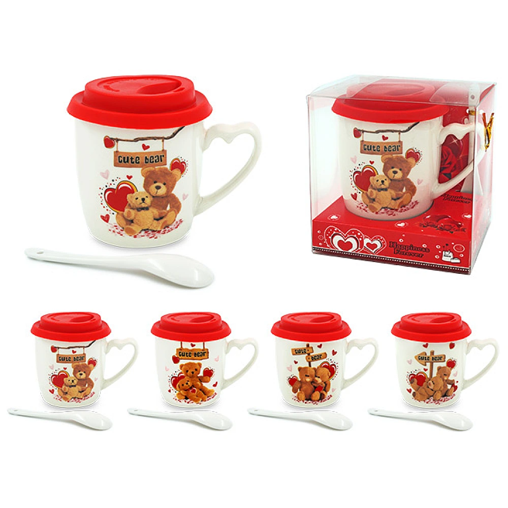 Cana 370ml, Ursuleti, cu capac silicon, lingura, in cutie cadou