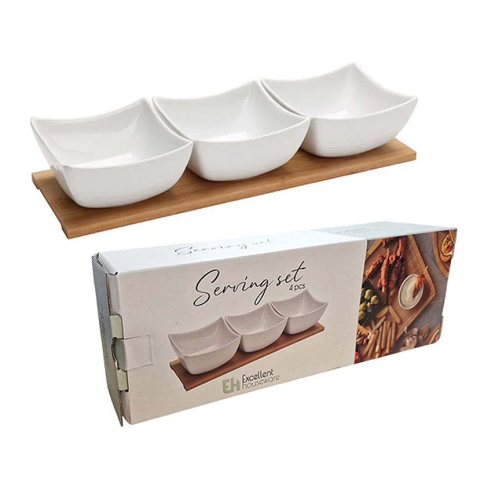 Set pentru aperitiv EH 4buc portelan, suport din lemn 30X10.5cm