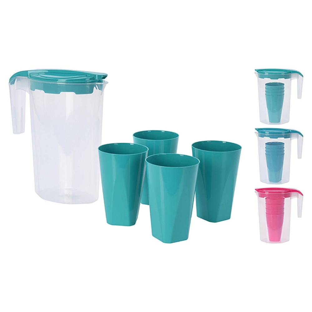 Set ulcior 1.75l si 4 pahare 200ml EH, 3 culori, din plastic