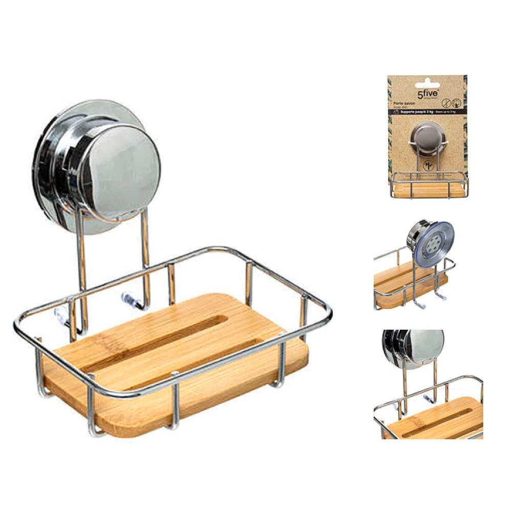 Săpunieră cu ventuză Five 4.4X14X13.5cm metal/bambus