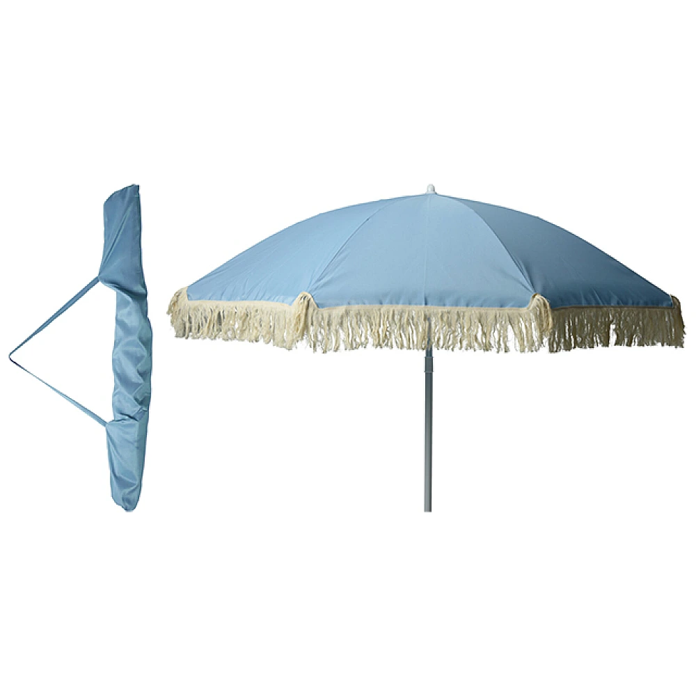 Umbrela de soare, D176 cm, 8 spite, franjuri, albastra, UPF 30+