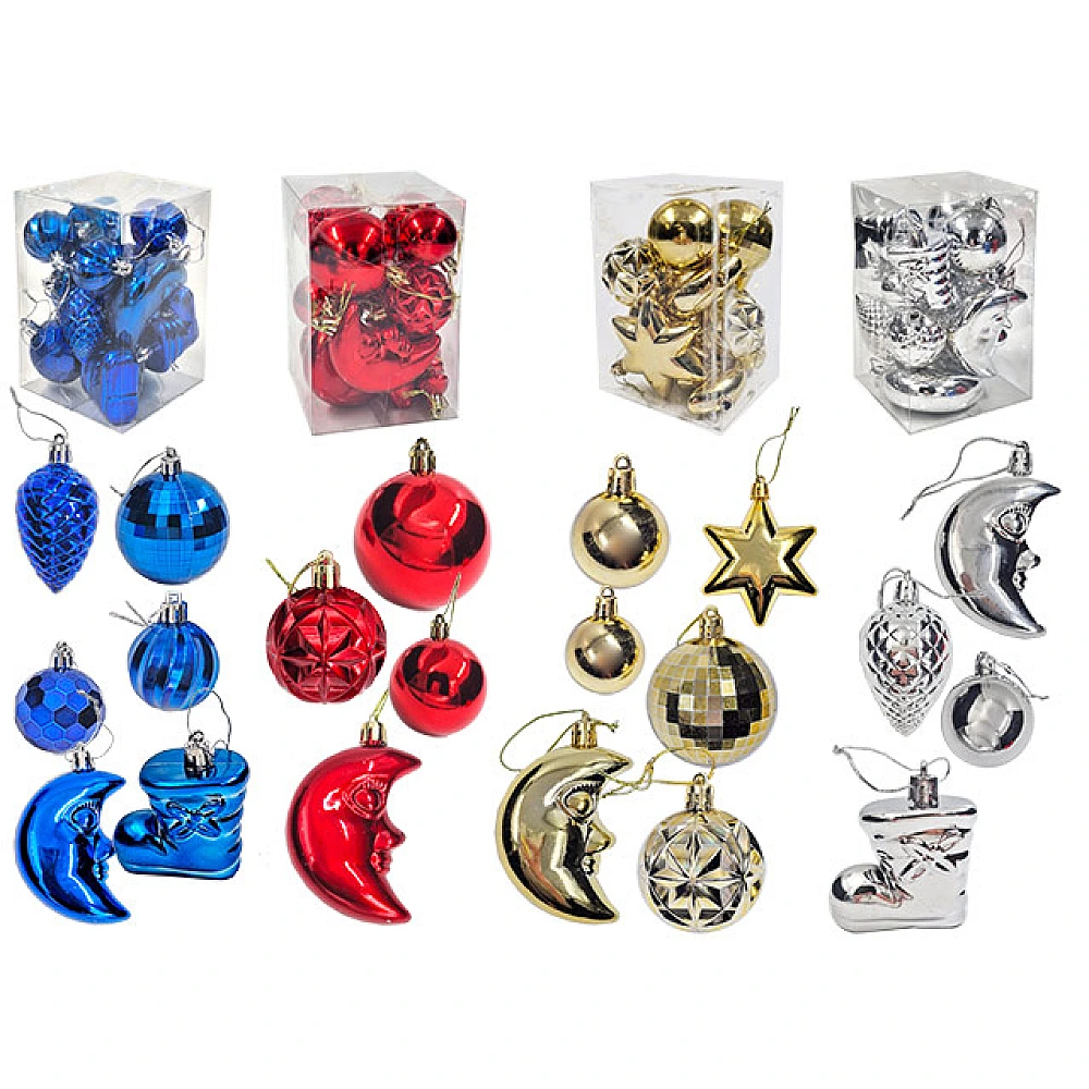 Set decoratiuni pentru brad,12 buc, 4 forme diverse, 3 culori