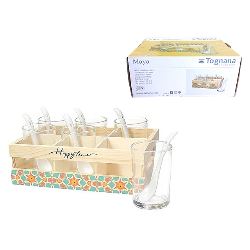 Set pentru aperitiv Tognana Maya 6 pahare + 6 linguri ceramice, in cutie din lemn