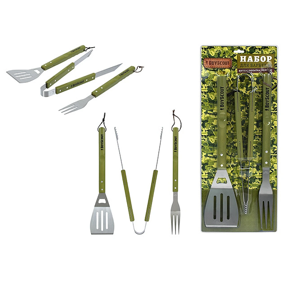 Instrumente pentru gratar BoyScout 3buc( furculita, spatula, cleste), inox/lemn