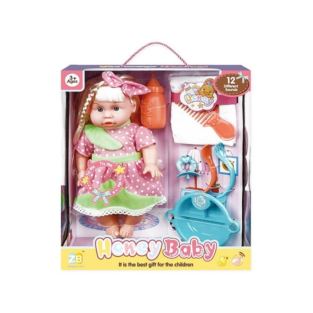 Papusa cu sunet si acesorii (buline roz) 33X28.5X11cm