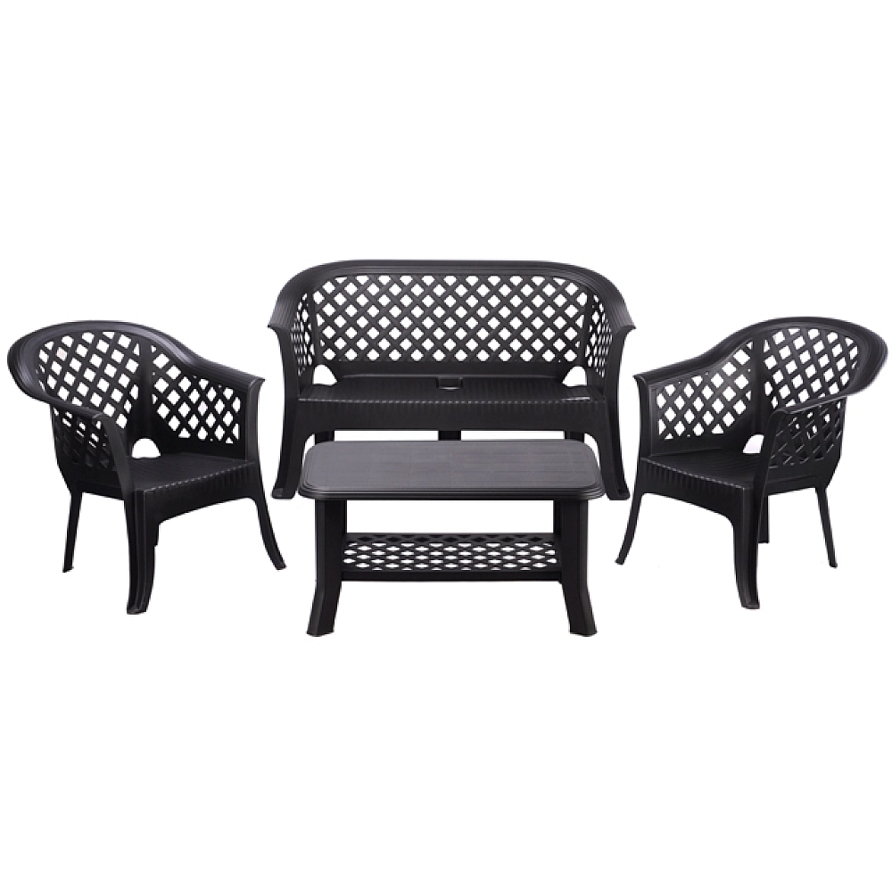 Set mobilier 4unitati: masa, 2 fotolii, banca / plastic