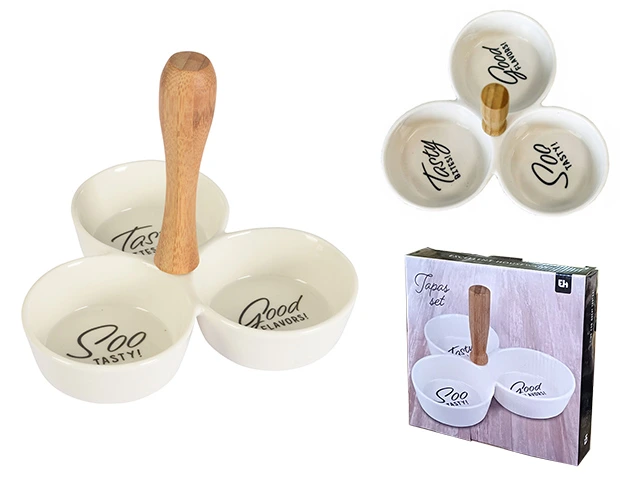 Bol pentru aperitiv EH 21X21cm, triplu, desen, maner lemn