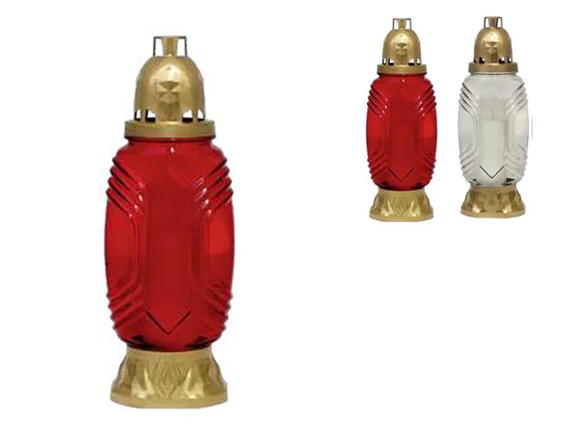 Candela sticla cu capac 30cm 40ore, alba/rosie, sticla