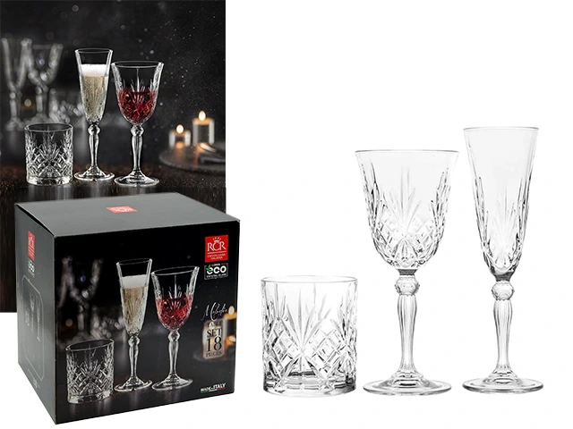 Set 18 pahare din cristal Melodia: pocale 6X160ml, 6X270ml, pahare 6X340ml