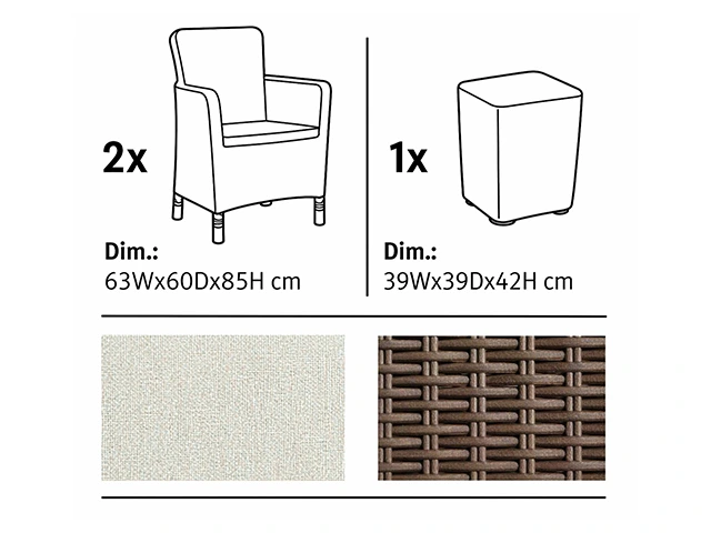 Set mobilier Trenton 3 unitati: masa 39X39X42 cm, 2 fotoli 63X60X85 cm, grafit - gri rece