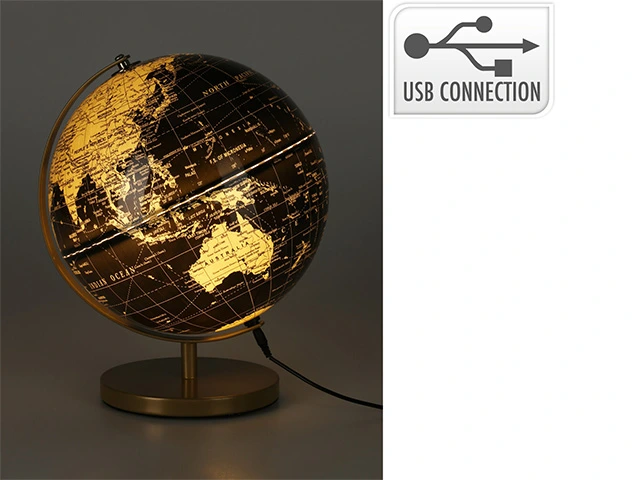 Glob pamantesc cu iluminare D26cm, H31cm, cu port USB, negru
