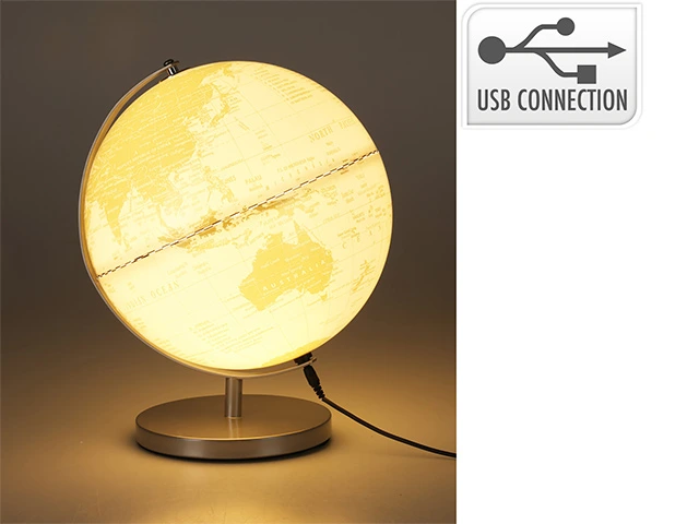 Glob pamantesc cu iluminare D26cm, H31cm, cu port USB, alb