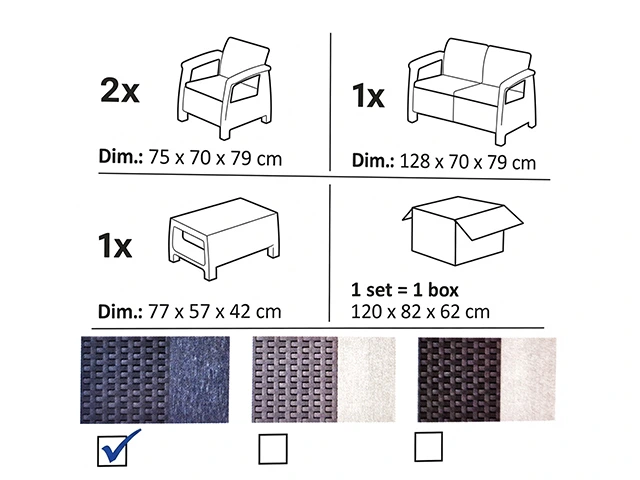 Set mobilier Corfu 4unitati: masa 77X57X42cm,2 fotoli 75X70X79cm,canape, gri grafit-deschis