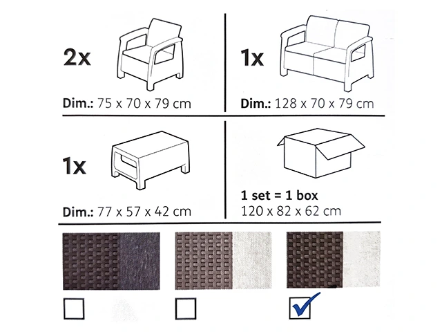 Set mobilier Corfu 4unitati: masa 77X57X42cm,2 fotoli 75X70X79cm,canape, brun-oat
