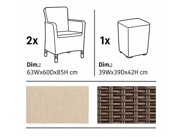 Set mobilier Trenton 3 unitati: masa 39X39X42 cm, 2 fotoli 63X60X85 cm, cappucino
