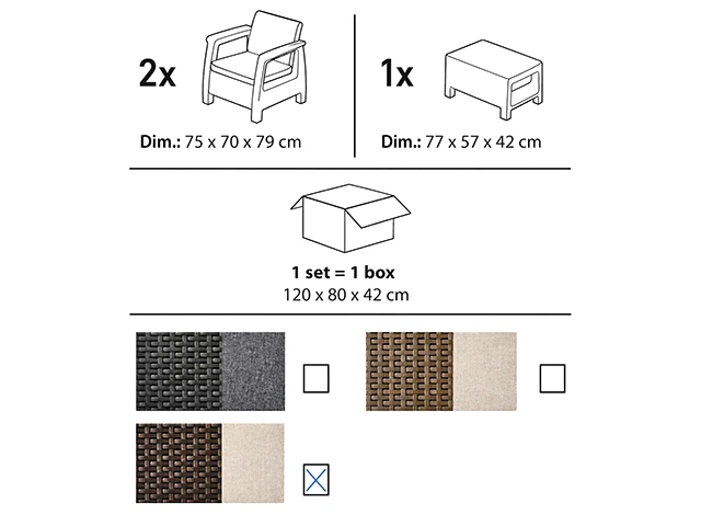 Set mobilier Corfu 3unitati: masa 77X57X42 cm, 2 fotolii 75X70X79 cm, cafeniu